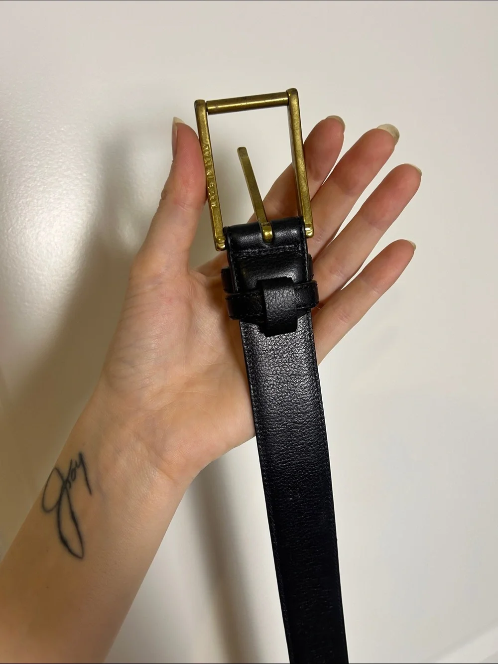 Men's Black Leather Dress Belt with Brushed Gold Buckle